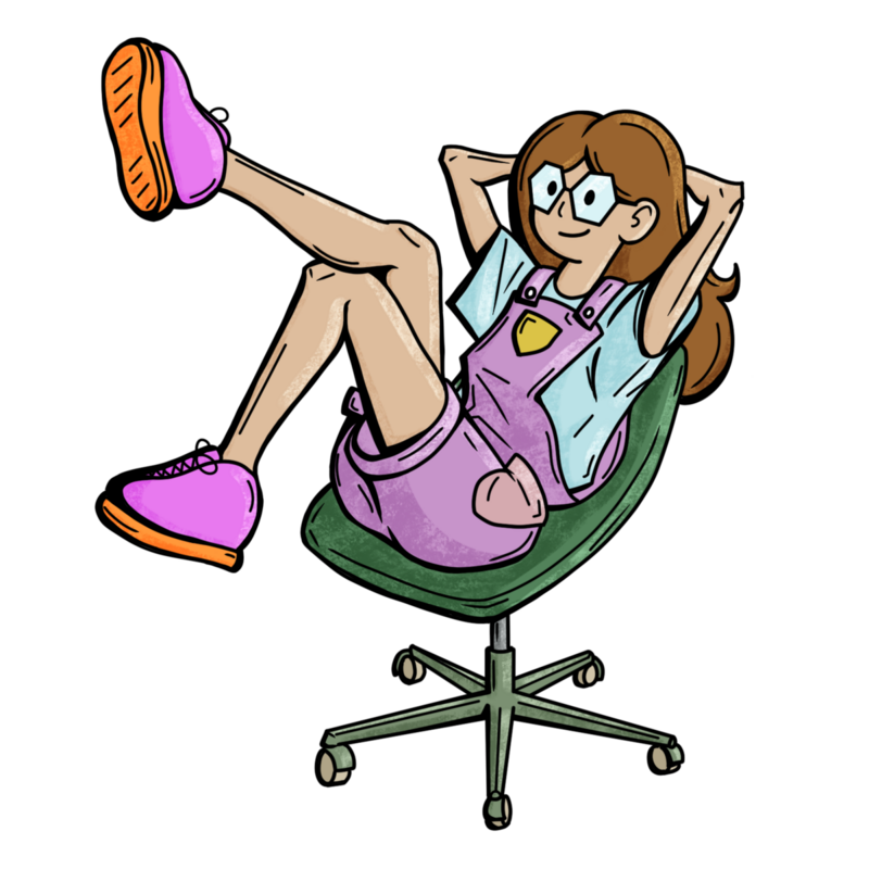 Illustrated self-portrait of Ella Harrell, founder of Kooliopods, kicking back in a desk chair